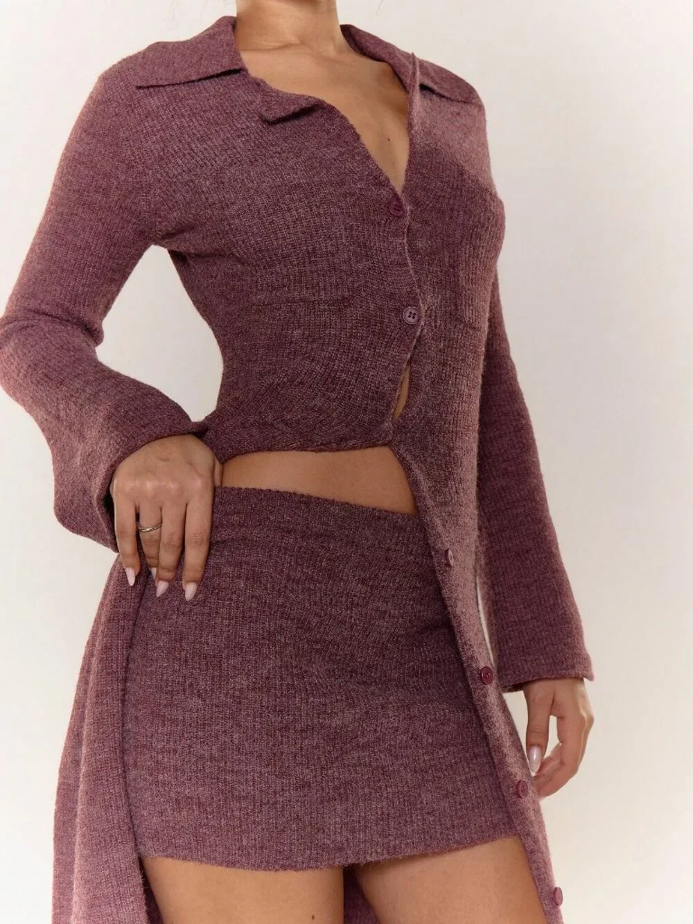 Red Violet Casual Women's Knit Button-Down Cardigan & Mini Skirt Set
